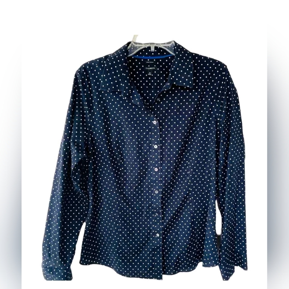 Talbots White Blue Polkadot Wrinkle Free Buttondown shirt size 16